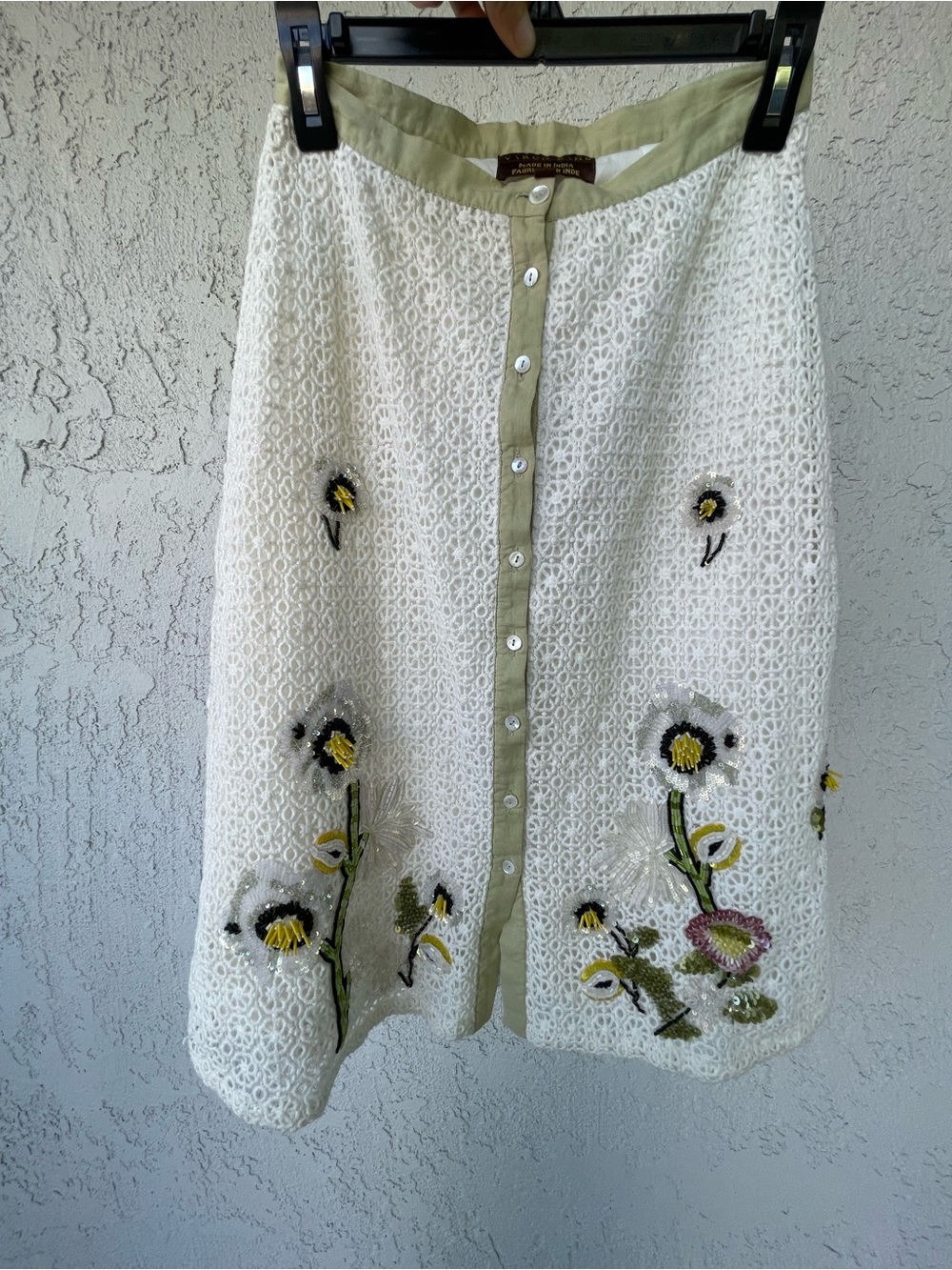 Embroidered White Lace A-Line Skirt with Olive Trim